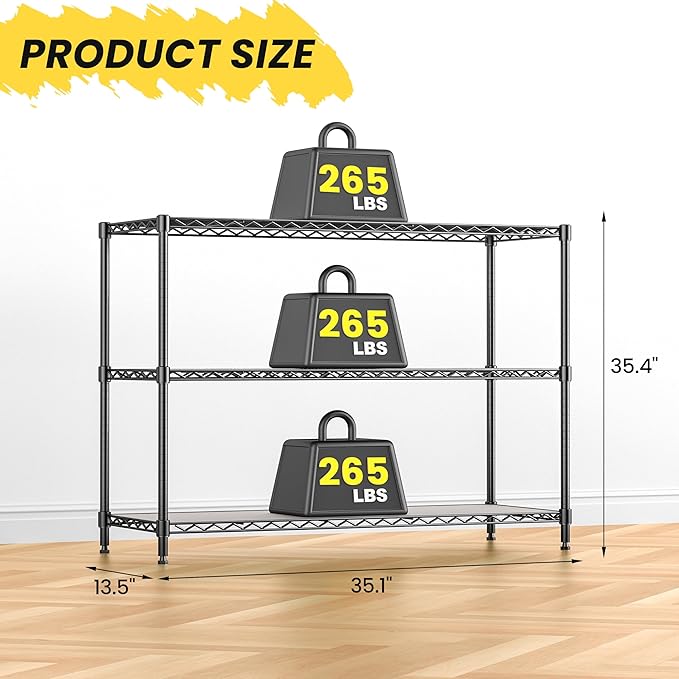 795LBS 3-Shelf Adjustable Storage Shelves 35.1" W x 14" D x 36" H Metal Shelving Unit Heavy Duty Wire Rack Small Organizer with Shelf Liners for Kitchen Pantry Bathroom Closet Garage Black
