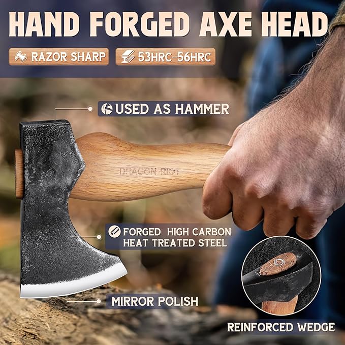 DRAGON RIOT 8.5 inch Camping Axes and Hatchets, Bushcraft Axe for Wood Splitting and Kindling, Hand Forged Carbon Steel Hatchets Axe, Ash Wood Handle, Retro Sheath with Gift Box