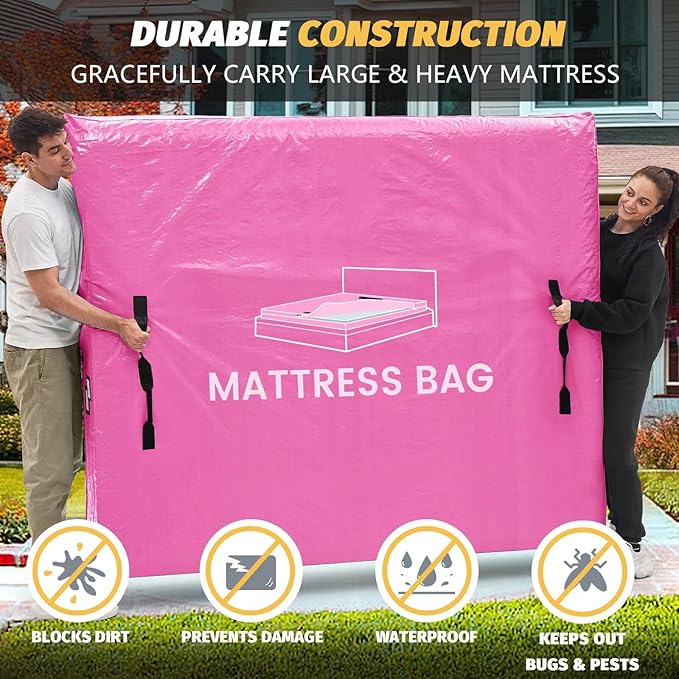 Mattress Bags for Moving and Storage, BETU Queen Mattress Protector Waterproof Mattress Cover with 8 Heavy Duty Handles and Zipper Extra Thick Moving Supplies for Bed Reusable (82x62x13.5 Pink)