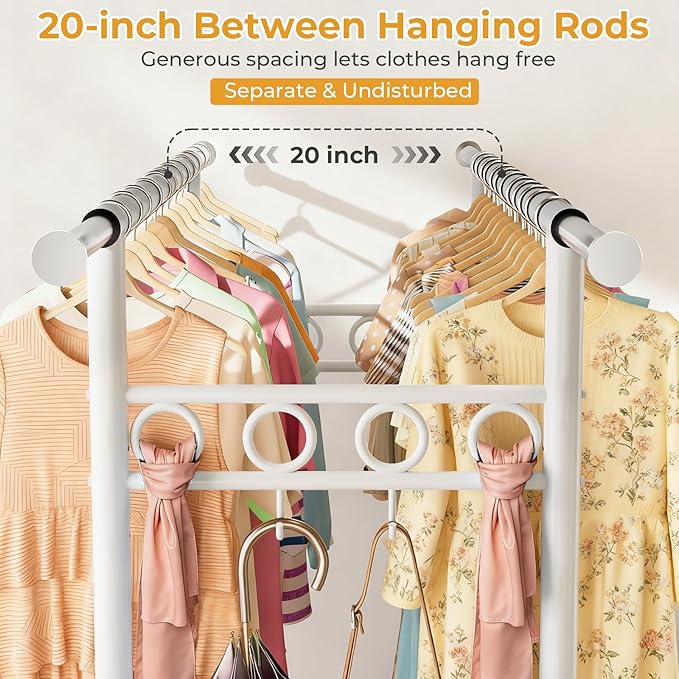 Heavy Duty Clothes Rack Load 1060LBS, Four Rods Rolling Clothing Racks for Hanging Clothes, Rolling Garment Rack With Sturdy Wheels Shelves Hooks, Portable & Adjustable Commercial Garment Rack, White