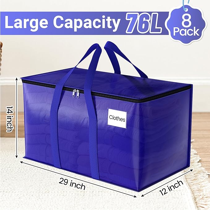 FabSpace Moving Storage Bags, Moving Supplies Packing Boxes for Moving, Camping, College Dorm Room Essentials for Girls, Blue Tote Bags, Heavy-Duty Storage Bins With Lids And Zippers, 76L 8Pack