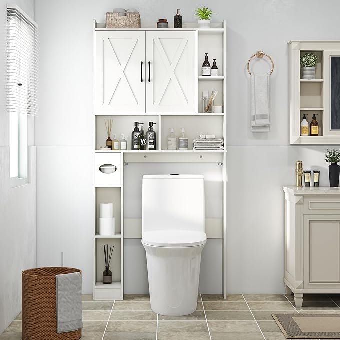 Over The Toilet Storage Cabinet, 32" W Over Toilet Bathroom Organizer with Toilet Paper Holder Stand, Home Space-Saving Toilet Rack for Bathroom, Restroom (2 Barn Doors+Open Shelf, White)