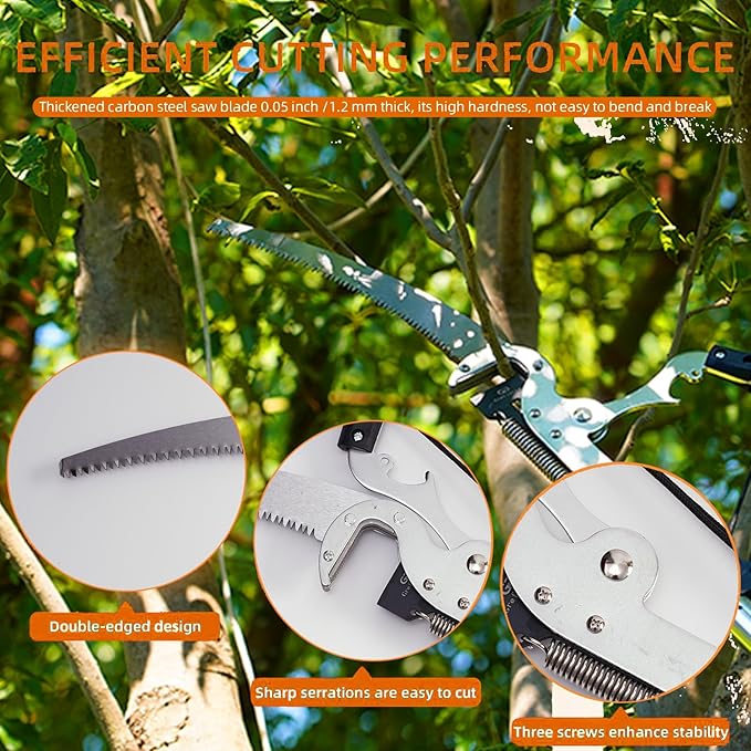 Manual Pole Saw for Tree Trimming, 27 FT Manual tree purner with 8 Fiberglass Handles, Sharp steel Blade and Heavy-Duty Giant Scissors, Extendable Design for Tree Maintenance, Orange