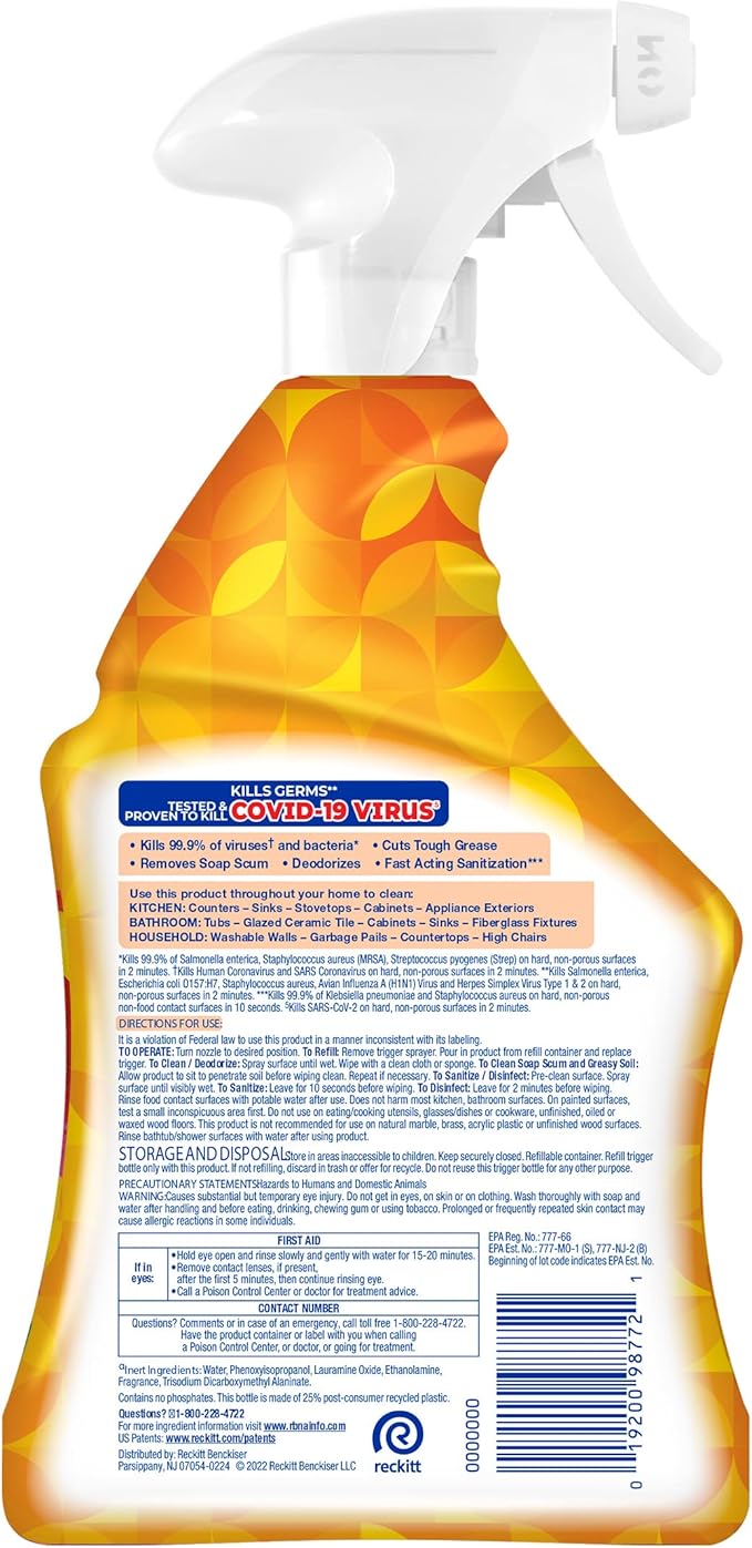 Lysol All Purpose Cleaner Spray, Multi-Purpose Disinfecting Spray, Kitchen & Bathroom Cleaner, Mango & Hibiscus Scent, 32 Fl Oz (Pack of 2)
