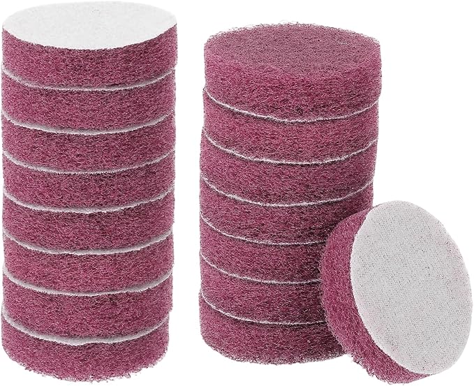 HARFINGTON 16pcs Scrubber Scouring Pads 500 Grits 2 Inch Drill Power Brush Hoop and Loop Surface Conditioning Disc Drill Scuffing Disc Scrub Pads for Home Kitchen Cleaning, Red