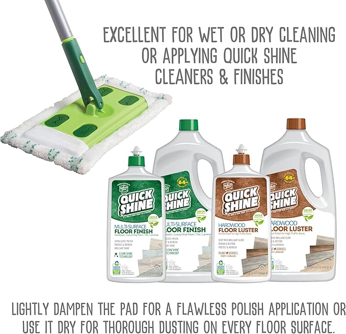 Quick Shine Multi Surface Floor Clean + Polish Mop Kit w/ 3 Reusable Pads & 1-16 oz. Floor Finish | Use Wet + Dry | Hardwood, Luxury Vinyl Plank, Laminate | Safer Choice pH Neutral Formula