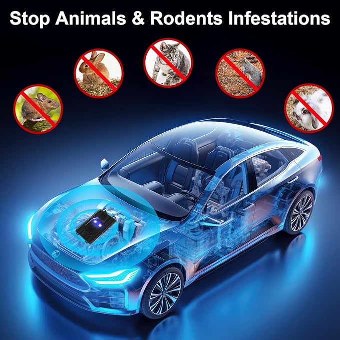 Qualirey 4 Pcs Ultrasonic Rodent Repellent for Car Engines Car Rodent Repeller Under Hood Battery Operated Rat Repellent with Strobe Light Keep Pest Squirrels Mice Out of Garage RV Outdoor