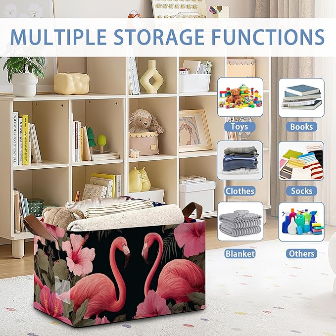 Flamingo Storage Basket,Hibiscus Collapsible Storage Bin Cubes for Living Room Bedroom Blankets Home Storage 17x11.5x10Inch