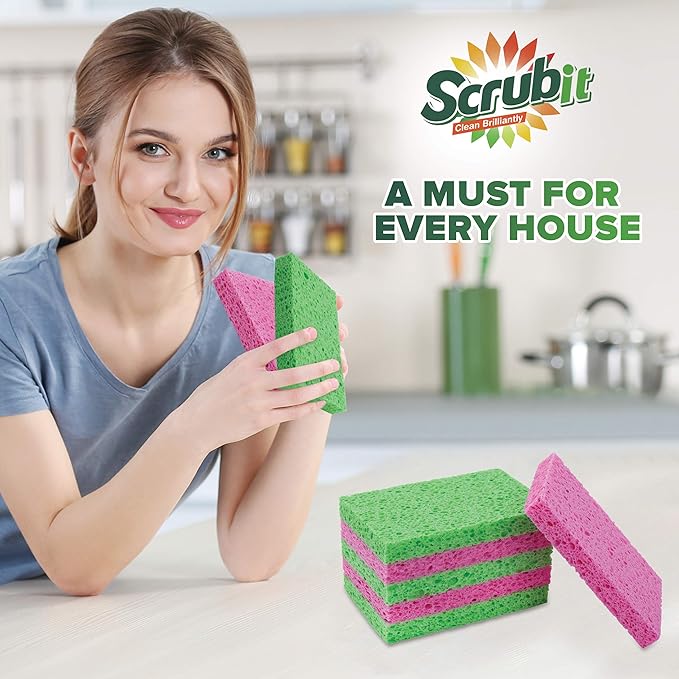 SCRUBIT Cellulose Scrub Sponge - Kitchen Cleaning Sponges for Dishes, Pans, Pots & More- 6 Pack Dishwashing Sponges - Colors and Packaging May Vary