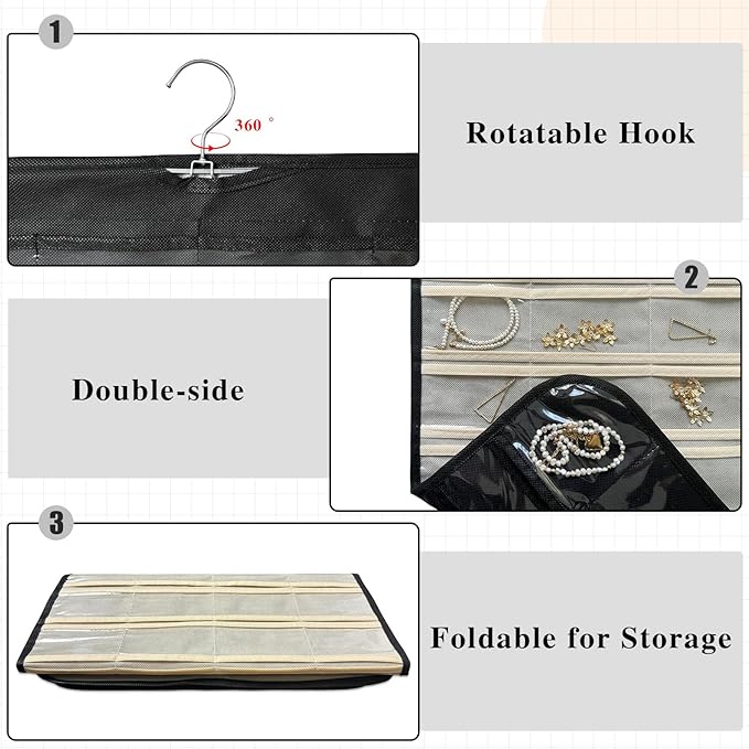 2 Pack Hanging Jewelry Organizer 80-Pocket Dual-sided Jewelry Storage for Earring Necklace Bracelet Ring Travel Holder, Black and Beige