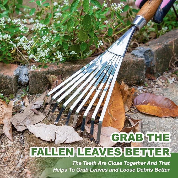 Haliaeetus Garden Hand Rake, 14.6'' Small Rake for Tight Areas, 9 Tines Stainless Steel Garden Rake with Ergonomic Wood Handle for Clearing Leaves and Loose Debris in Flower Bed and Around Plants