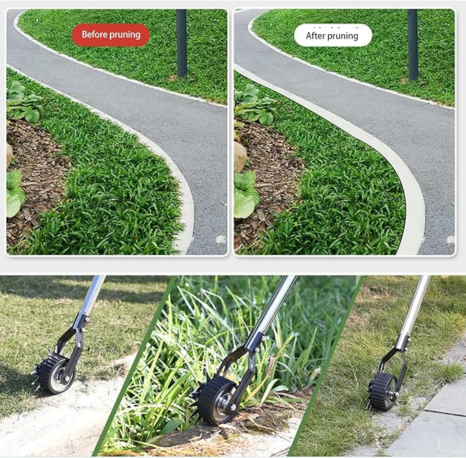 Wheeled Lawn Edger, Hand Garden Edger with Stainless Steel Handle, 26x4.5x15cm, Paint Coated Serrated Blade, for Overgrown Weeds (3 Sections)