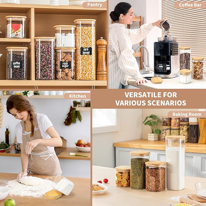 SENTVEND 24 Oz Glass Storage Jars with Bamboo Lids - 6 Pack Clear Glass Canisters Square Airtight Stackable Ideal for Pantry Storage Containers Organizers Great for Storing Oats Coffee Beans Nuts etc