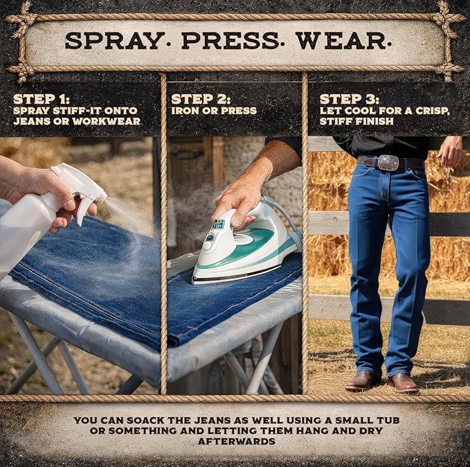 Stiff-it Western Cowboy Starch for Crisp and Clean Denim - Patent Formula with Leather Scent, Easy-Pour Design, and Winkle-Free Jeans (1)