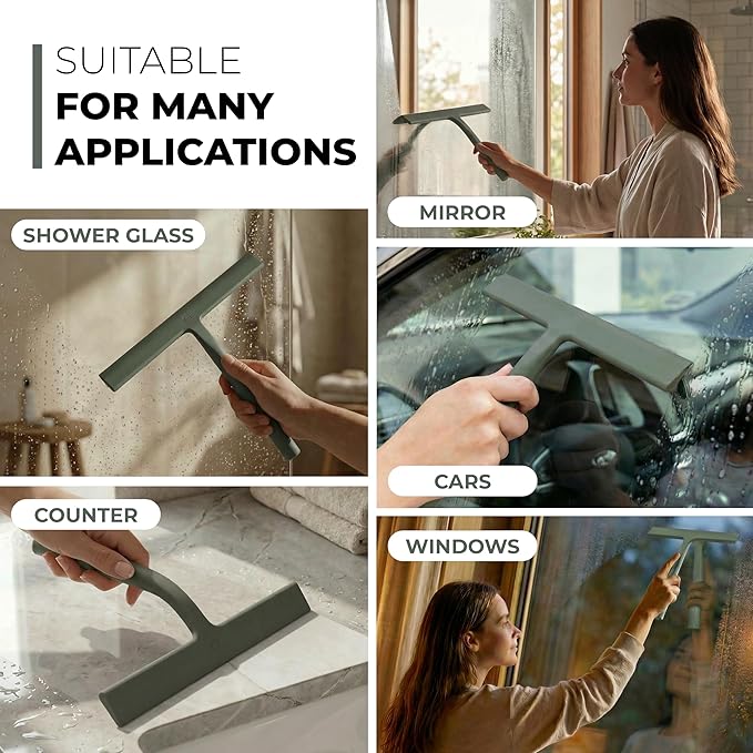 GÜTEWERK Silicone Shower Squeegee for Glass Doors & Mirrors with Stainless Steel Core, Streak-Free & No-Squeak Window Cleaning, 3-in-1 No-Drill Mount (Hook/Suction/Adhesive),Green, 11 Inches