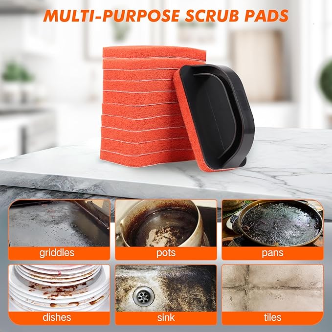 Griddle Scour Pads, Non-Scratch Scouring Pads with Handle, Grill Scrubbers, Cast Iron Polishing Pads, Heavy Duty Scrubbing Pads for Cleaning Walls- 11 Scrub Pads and 1 Handle