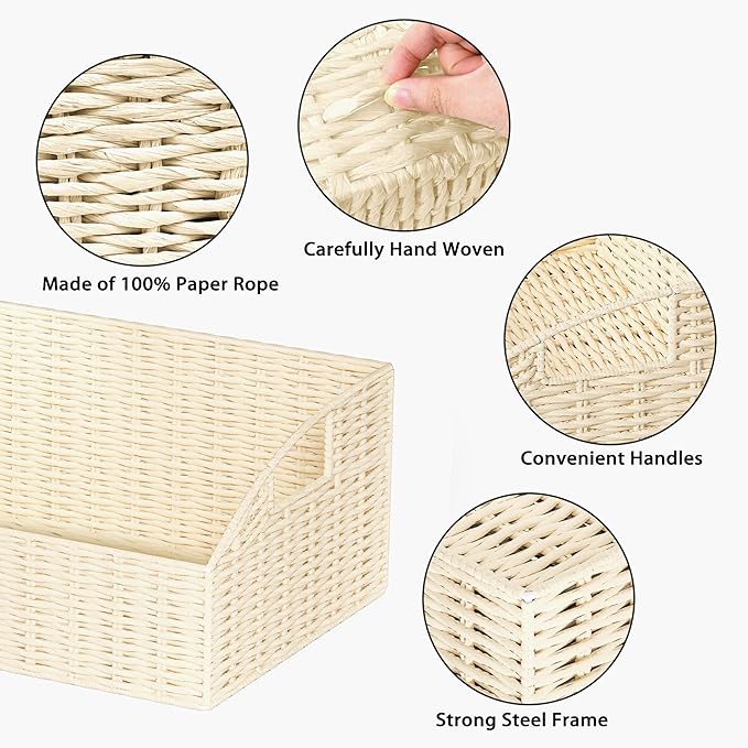 Ollieroo Rattan Storage Baskets, Handwoven Wicker Storage Bins with Built-in Handles, Storage Container Baskets for Shelves, Bedroom, Bathroom, Laundry Room or Kitchen(Beige)