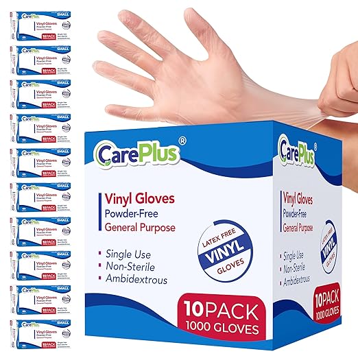 CARE PLUS Vinyl Gloves Clear Medium Size 1000 Count | Heavy Duty, Non-Sterile, Powder-Free, Latex-Free Rubber | Food Prep, Kitchen & Cleaning Gloves, Ideal for Professional Use