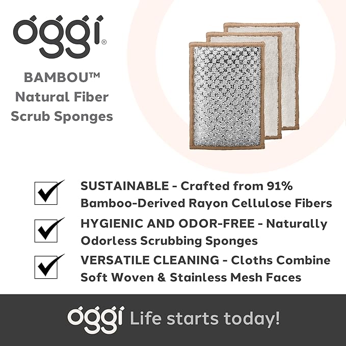 OGGI Bambou Odor-Free Scrubbing Sponges - Natural Scrub Sponges for Dishes, 91% Bamboo-Derived Rayon Cellulose Fiber, Reusable, Absorbent, Durable Scrubbers, Non-Scratch, Washable - 3 pcs, 7x4