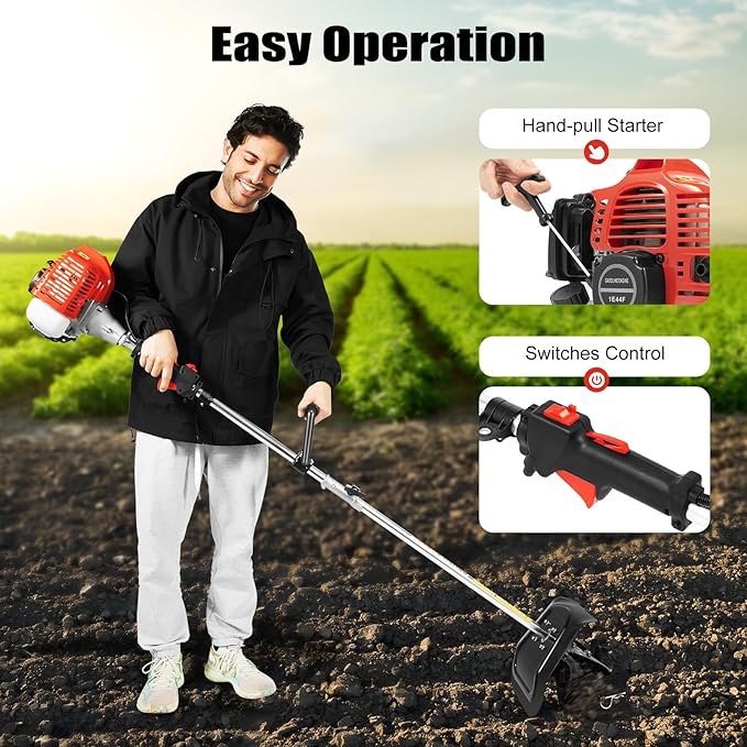 Gas-Powered Handheld Tiller Cultivator, 51.7CC 2-Stroke Engine, 1.45kW, 6500RPM, Lightweight, Mini Tiller Cultivator for Efficient Soil Loosening, Weeding & Farming in Gardens, Hills & Hard Soil