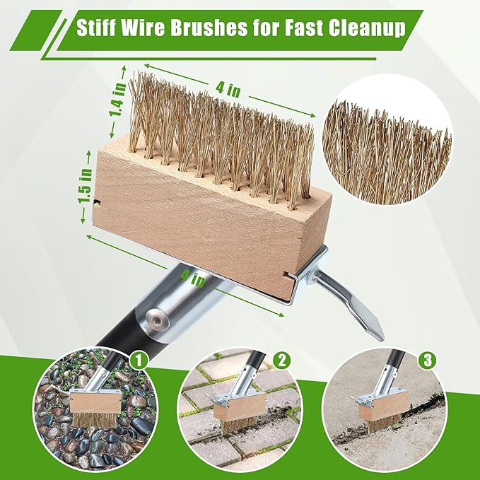 DEROFIT Crack Weeder Moss Remover Brush with 45 inch Handle,Manual Crevice Weeding Tool Stand Weed Puller Grout Brush for Deck,Patio,Sidewalk, Walkway,Driveway, Paving,Crevice Cleaning Tool