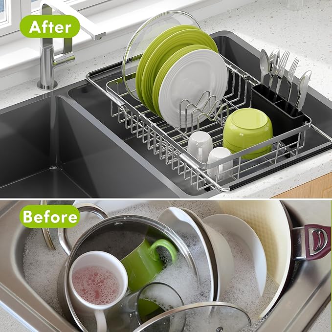 JASIWAY Dish Drying Rack in Sink, Expandable Stainless Steel Dish Drainer for Kitchen Sink, Dish Strainer Rack, Retractable Over Sink Dish Rack with Utensil Holder, 13.4''~16.9''D x 12.2''W, Silver