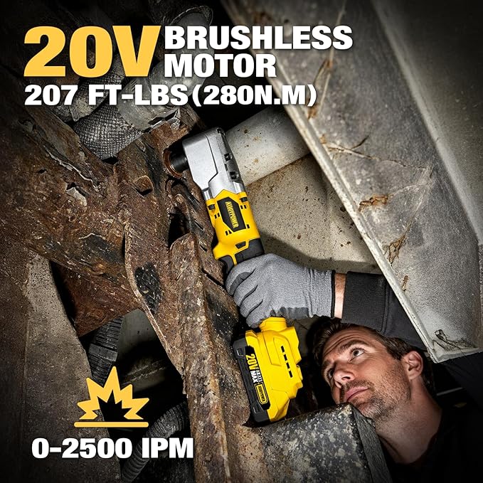 ALLOYPOWER 20V Brushless Right Angle Wrench, 207 Ft-lbs（280N.M） High Torque Cordless Power Tool with 2×2.0Ah Batteries, LED Light, 2-Speed Control, Compact 90° Design for Tight Spaces