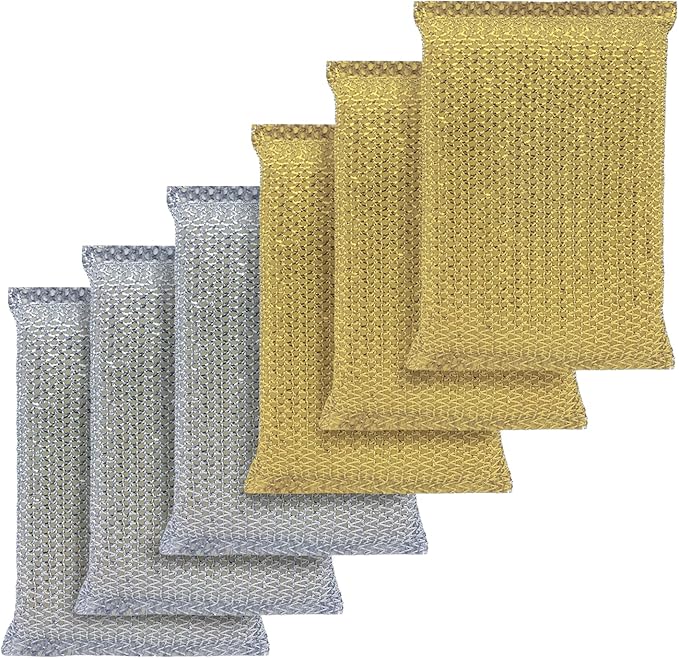 LOLA Wonder Non-Scratch Scouring Pad, 6 Pack, Large Knitted Flat Wire Cloth Fibers w/Foam Sponge Core, Assorted Colors (Gold or Silver)