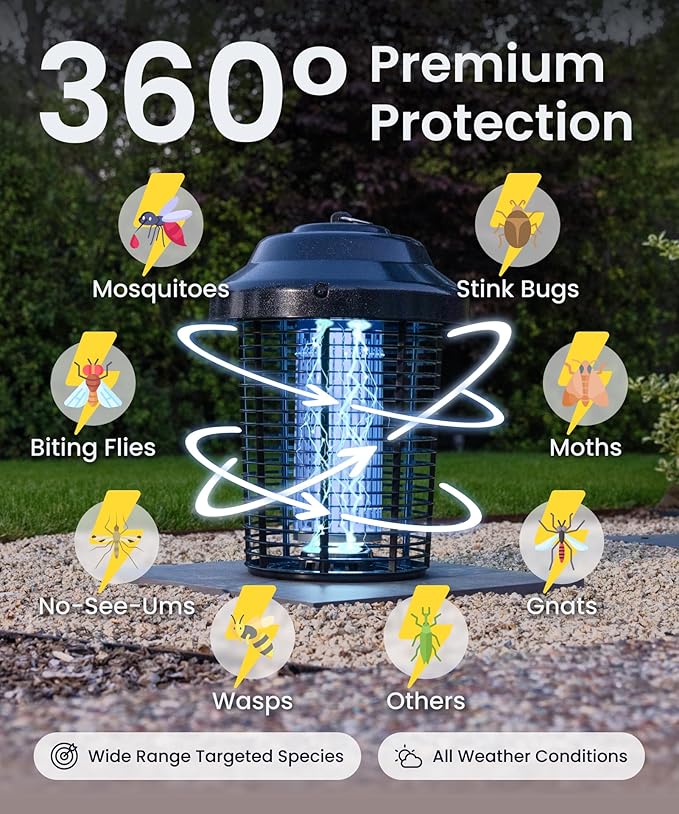 OWLTRA OMT-E80 In/Outdoor Electronic Insect Killer & Catcher Lamp for Mosquitoes, Gnats, Aedes Mosquitoes, Flies, Moths & More with 2*40W UV Light & 4200V High Voltage Grid, 1.5 Acre Coverage, Black