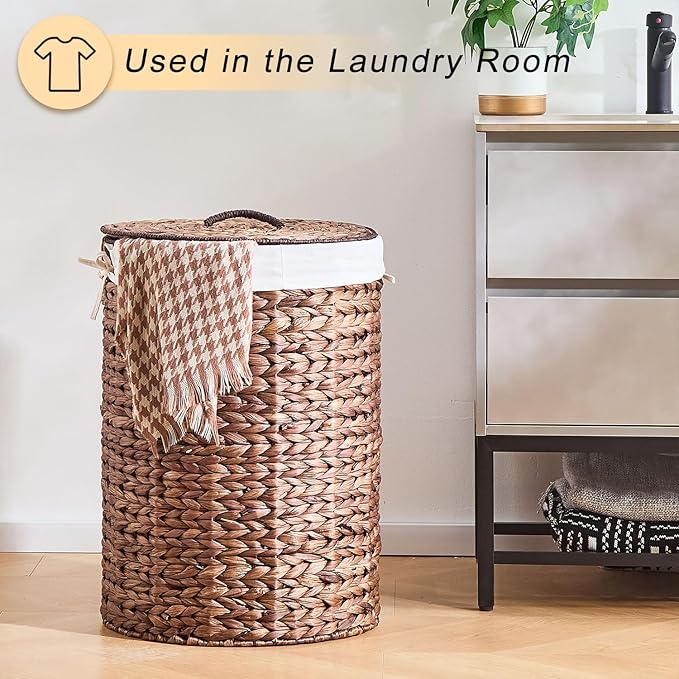 Round Water Hyacinth Laundry Hamper with Lid Handwoven Wicker Basket with Handles for Dirty Clothes, Storage, and Organization Ideal for Bedroom, Bathroom, and Laundry Room, No Assembly Required, 90L