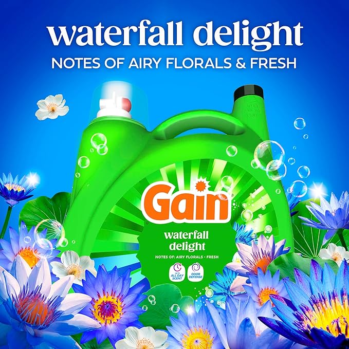 Gain Ultra Oxi Liquid Laundry Detergent, Waterfall Delight Scent, 177 fl oz, Freshness + Odor Fighting, High Efficiency Washing Machine Liquid Cleaning Soap, 134 Loads (Packaging May Vary)