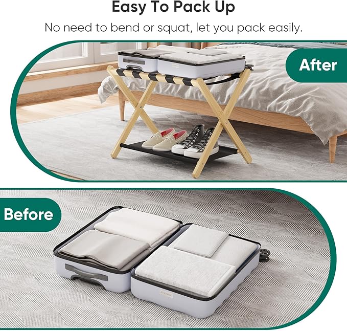 Smuxee Natural Bamboo Luggage Rack Pack of 2, Foldable Suitcase Stand with Storage Shelf, Easily Assembled Luggage Stand with 5 Nylon Straps for Guest Room Bedroom Hotel