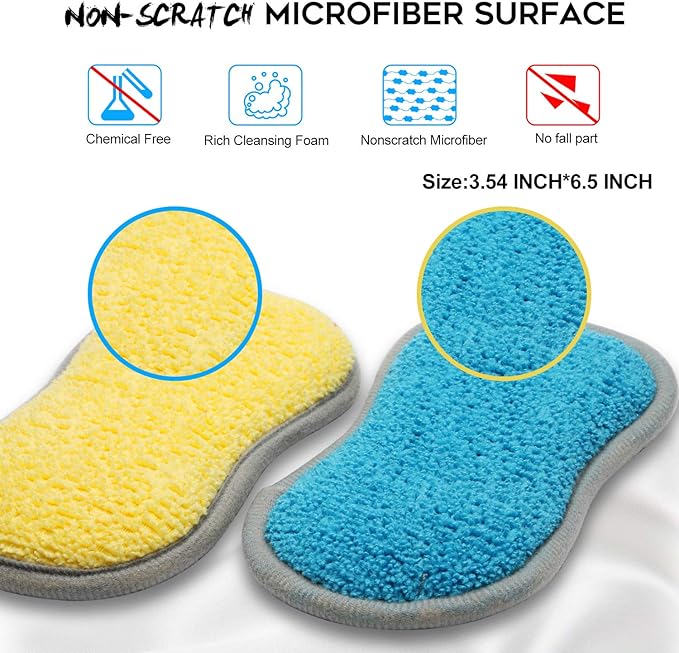 Dual Sided Multi-Purpose Sponges Kitchen,Non Scratch Dish Sponge for Washing Dishes Cleaning Kitchen，Rough Scrubbers for Non-Stick Cookware, Soft Microfiber Scrub for Dishes(Yellow,6Pack)