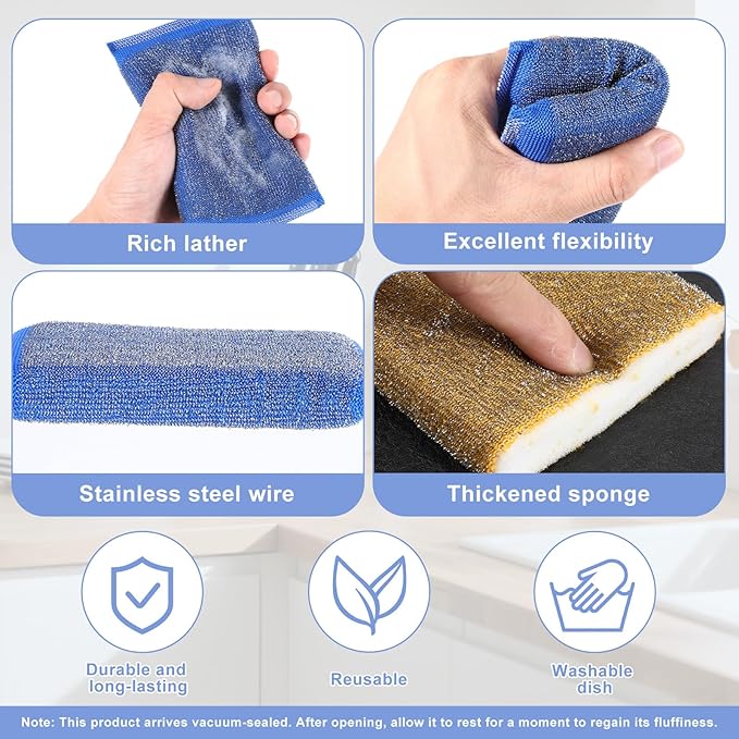6Pcs Scrub Sponges Steel Wool Scrubber Kitchen Sponges Non Scratch Cleaning Sponge Reusable Microfiber Dish Scrubber Sponge for Cleaning Pots Pans Dishes Bathroom (3 Colors