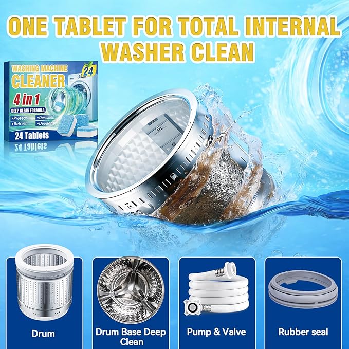 Sugelary Washing Machine Cleaner Tablets 24-Pack, Deep Clean Descaler for Front Loader and Top Load Washers, Washer Cleaner Help Clean Inside Drum and Laundry Tub Seal