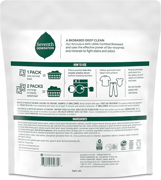Seventh Generation Laundry Detergent Packs,Lavender,Biobased Deep Clean,EPA Safer Choice Certified,64 Count (Pack of 2)