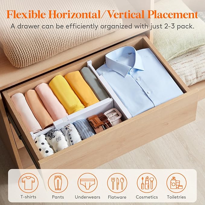 Lifewit 12 Pack 4" High Drawer Dividers 28-43.5cm/11-17" Adjustable Drawer Organizer for Clothes/Utensils, Expandable Drawer Separator in Dresser/Kitchen/Bedroom/Office Organization & Storage White