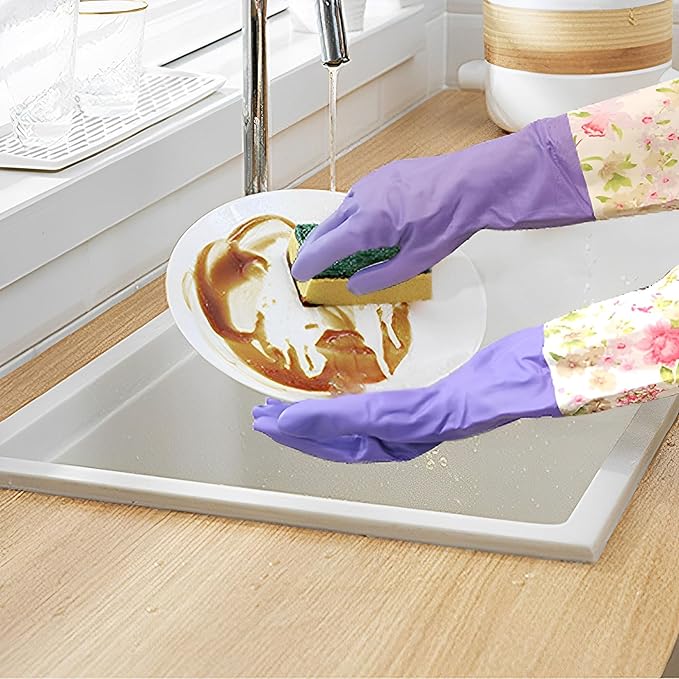 KINGFINGER Dishwashing Cleaning Gloves, 2 Pairs Reusable Rubber Gloves PVC Latex-Free Waterproof Long Cuff and Flock Lining Household Cleaning Glove(Blue + Purple)