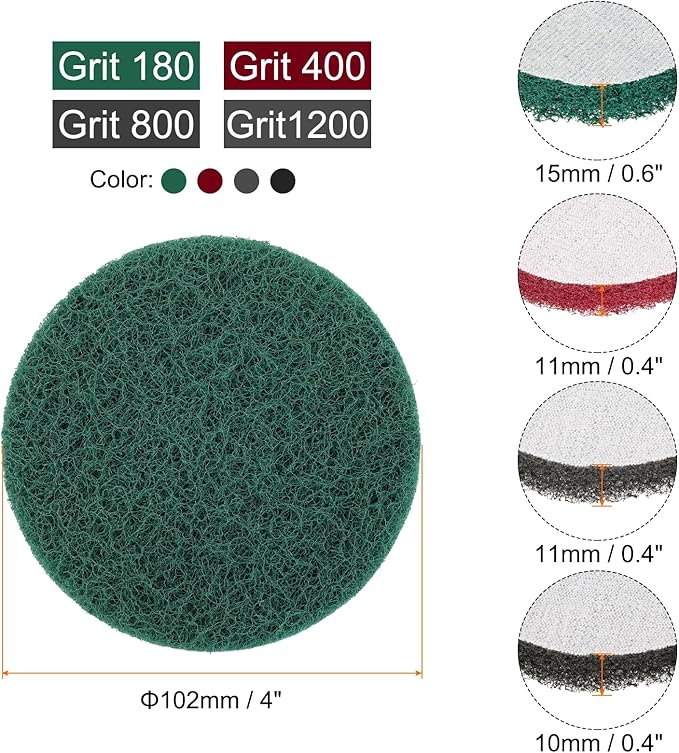 HARFINGTON 4pcs Scrubber Scouring Pads 180 400 800 1200 Grits 4 Inch Drill Power Brush Hoop and Loop Surface Conditioning Disc Drill Scuffing Disc Scrub Pads for Kitchen Cleaning, 4 Colors