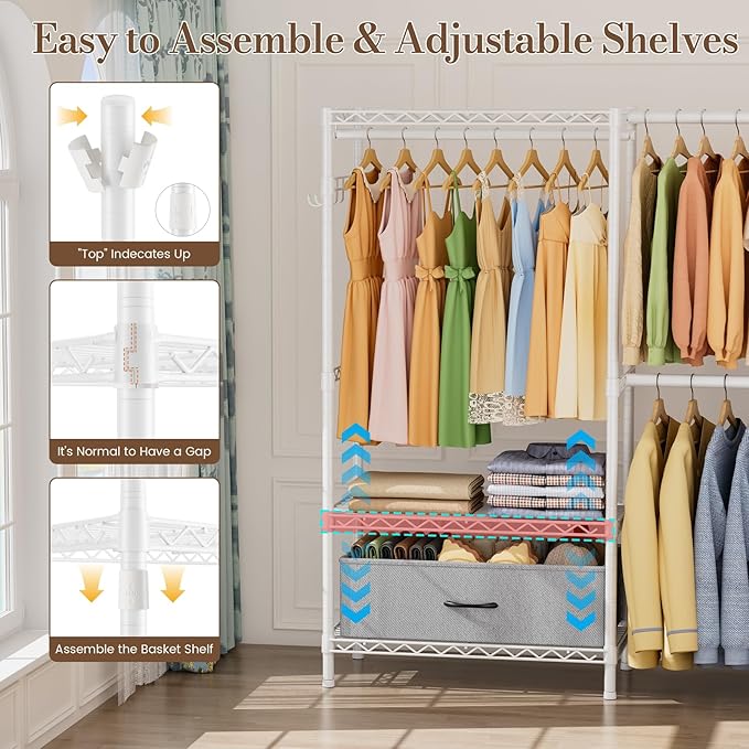 Golpart Coat Rack Clothes Wardrobe：Closet Organizer and Storage Clothing Garment Rack with Shelves Heavy Duty for Hanging Clothes Portable Adjustable White 15.8" DX69 WX76.5 H