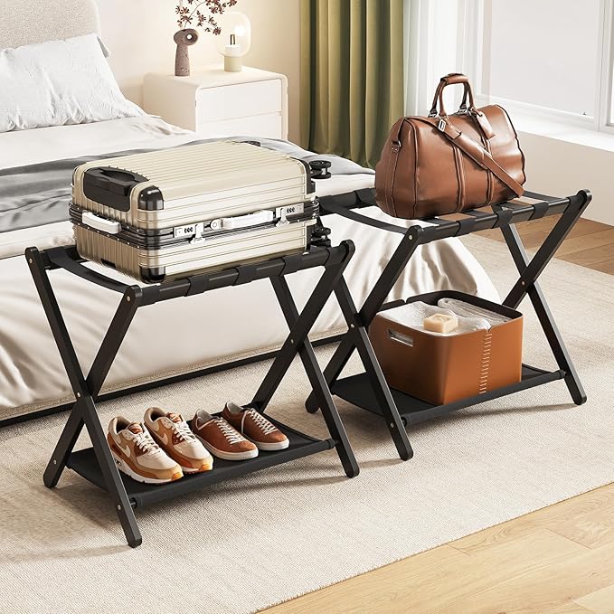 Fully Assembled Luggage Racks Set of 2, Bamboo Luggage Rack for Guest Room, Foldable Suitcase Stand with Fabric Storage Shelf for Bedroom, Hotel, Holds up to 165 lb, 26.77 x 16.93 x 22.5 Inches, Black