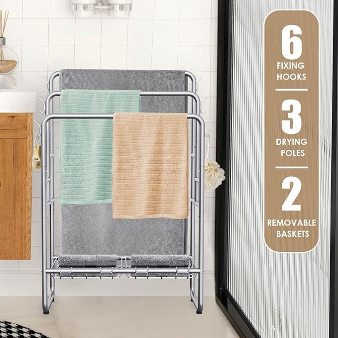 Kayfia 40" H Towel Rack Freestanding, 3-Tier Bath Towel Holder Stand with Storage Baskets & Hooks, Blanket Drying and Display Rack for Oversized Bath Towels, Metal Towel Rack Stand Indoor Outdoor