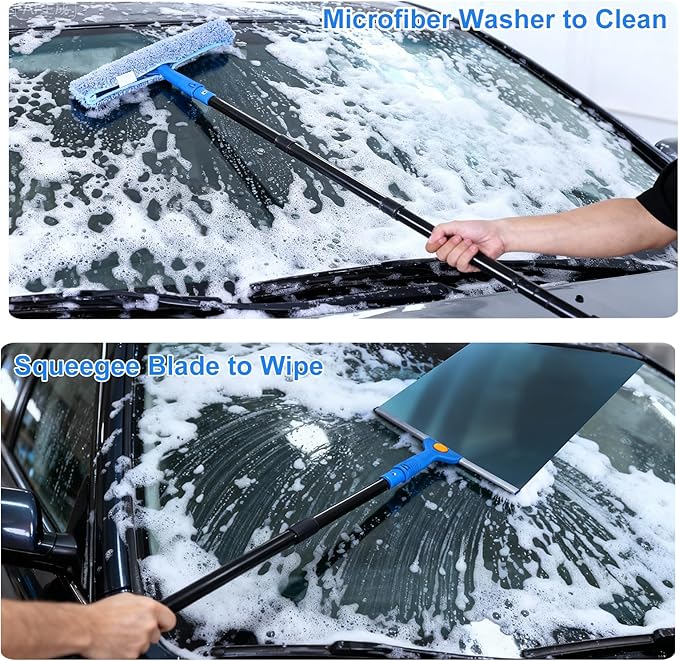 3-in-1 Professional Window Squeegee Kit with 2 Squeegee, 2 Microfiber Scrubber, 1 Razor Scraper, Thick Iron, 77.5" Window Squeegee with Extension Pole for Car, Glass, Mirror, Wall, Bathroom, Home, Van