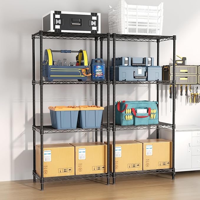 Golpart 4 Tier Adjustable Storage Shelves,Heavy Duty Metal Utility Shelf 600LBS Capacity,Wire Shelving Unit Organizer Rack for Home Kitchen Office BathroomM Pantry Room 12" D x 22" W x 44" H Black