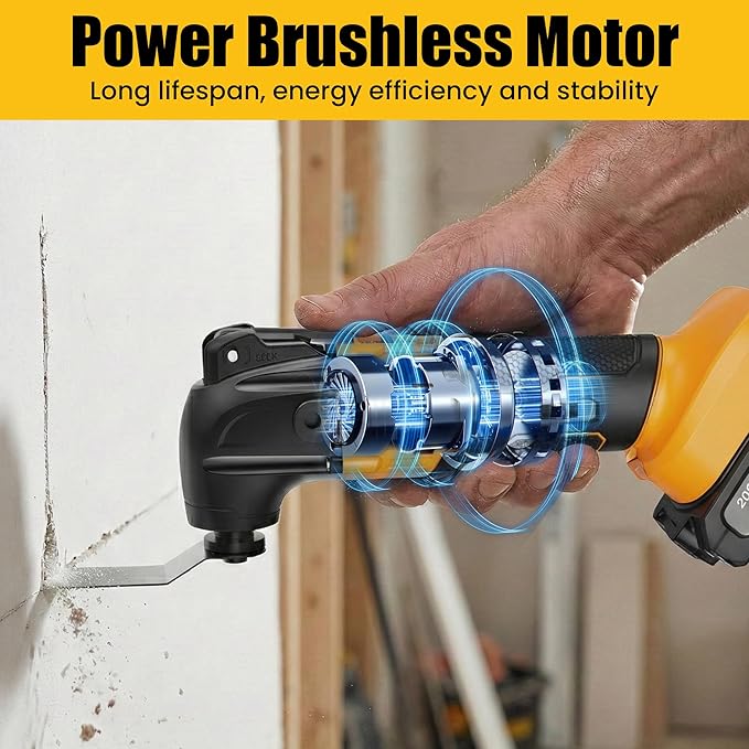 Cordless Oscillating Tool with 2 Battery, Brushless Motor Battery Powered Oscillating Multitool, 4°Oscillation Angle, 6 Variable Speeds, 26pcs Accessories for Metal & Wood Scraping, Cutting, Sanding