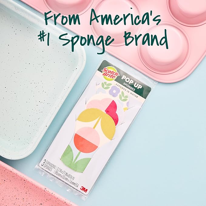 Scotch-Brite Brite Blooms Pop Up Kitchen Sponges, Unique Compressed Kitchen Sponge for Cleaning Gently, Spring Flower Pattern Dish Sponge that Expands with Water, 3 Scrubbing Sponges