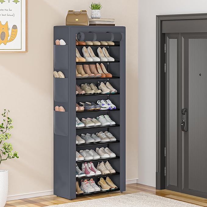 OYREL Shoes Rack 10 Tier Tall Shoe Rack with Storage Pockets, Fabric Covered Shoe Racks,Metal Shoes Rack Organizer for Closets,Bedroom, Garage