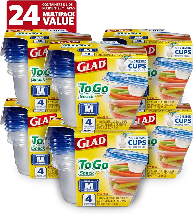 Glad GladWare To Go Snack Food Storage Containers with Lids, Medium Rectangle No BPA Plastic with Built-In Dressing Cup for Salads and Snacks, Microwave Dishwasher Safe, 24 Oz, 4 Count - 6 Pack