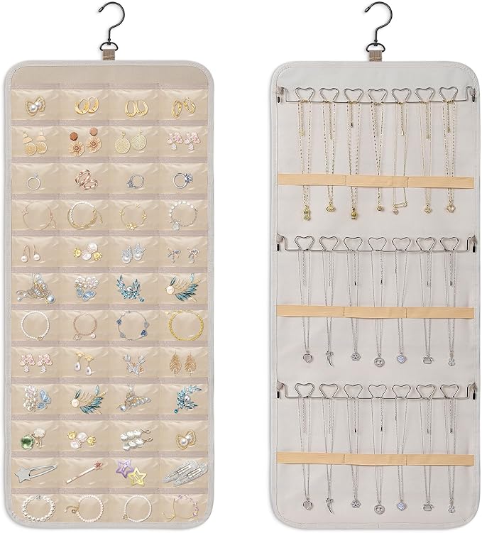 Dynoro Double-Sided Hanging Jewelry Organizer, Large Lvory Storage Roll for Earrings, Necklaces, Rings, 48 Pockets 21 Hooks, Durable Oxford Fabric for Closet, Wall, Door, 1 piece, Jewelry Not Included