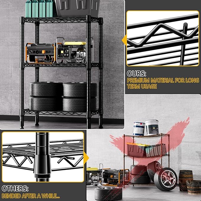 M MZG 750 lbs 3 Tier Shelf Metal Storage Shelves Shelving Wire Rack Heavy Duty Closet Organizers for Garage Kitchen Bathroom Laundry Black 13.8" D x 23.6" W x 35.5" H